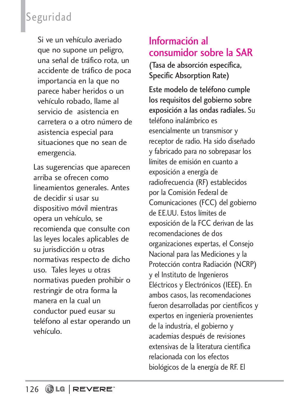 Seguridad, Información al consumidor sobre la sar | LG LGVN150 User Manual | Page 259 / 275