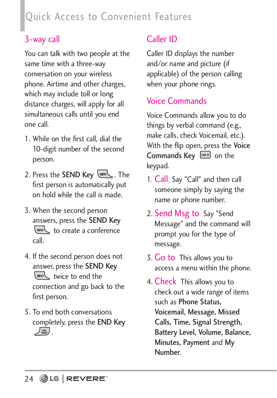 Quick access to convenient features, Way call, Caller id | Voice commands, Call, Send msg to, Go to, Check | LG LGVN150 User Manual | Page 26 / 275