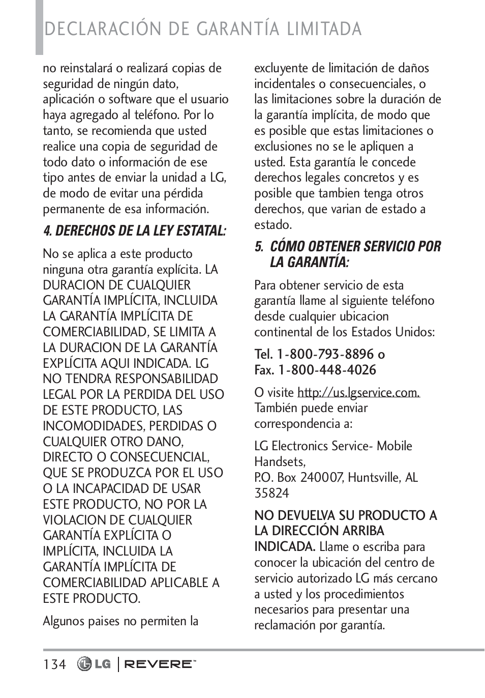 Declaración de garantía limitada | LG LGVN150 User Manual | Page 267 / 275