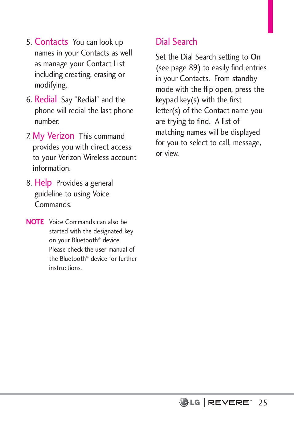 Contacts, Redial, My verizon | Help, Dial search | LG LGVN150 User Manual | Page 27 / 275