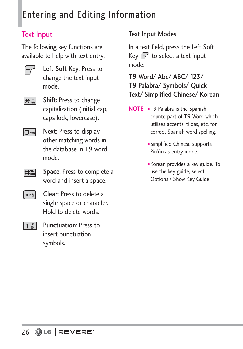 Entering and editing information, Text input | LG LGVN150 User Manual | Page 28 / 275