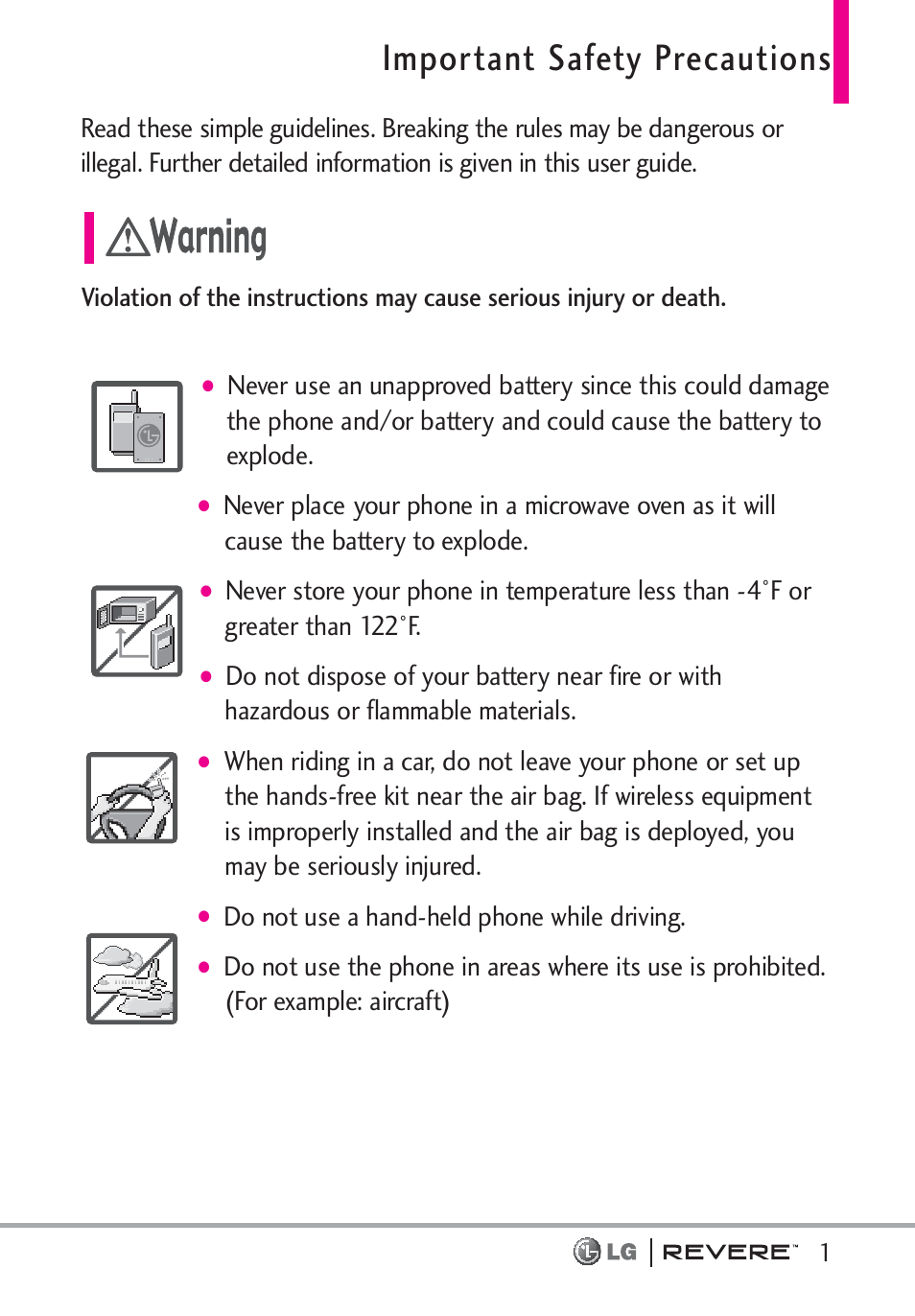 Important safety precautions, Do not use a hand-held phone while driving | LG LGVN150 User Manual | Page 3 / 275