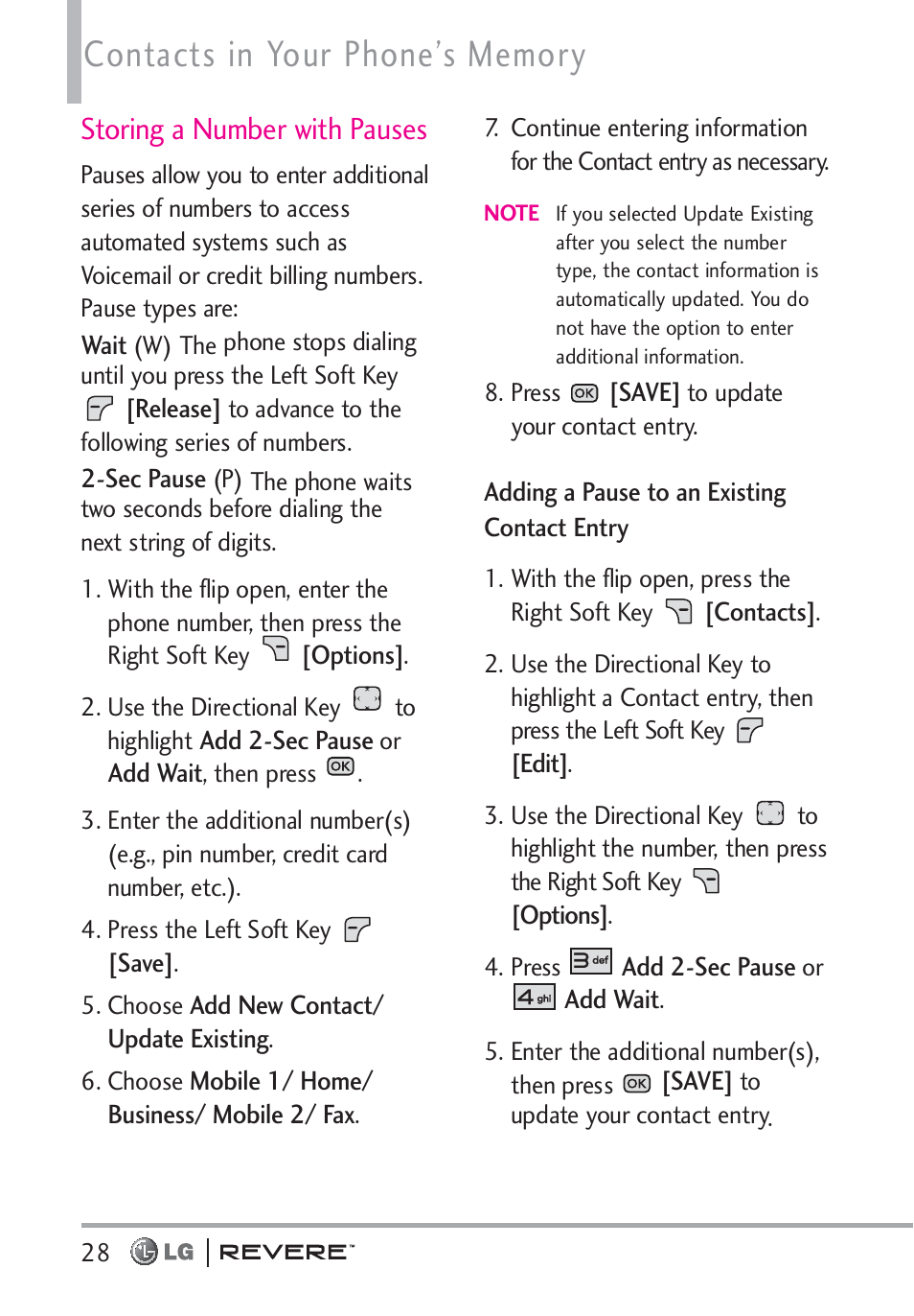 Storing a number with pauses | LG LGVN150 User Manual | Page 30 / 275