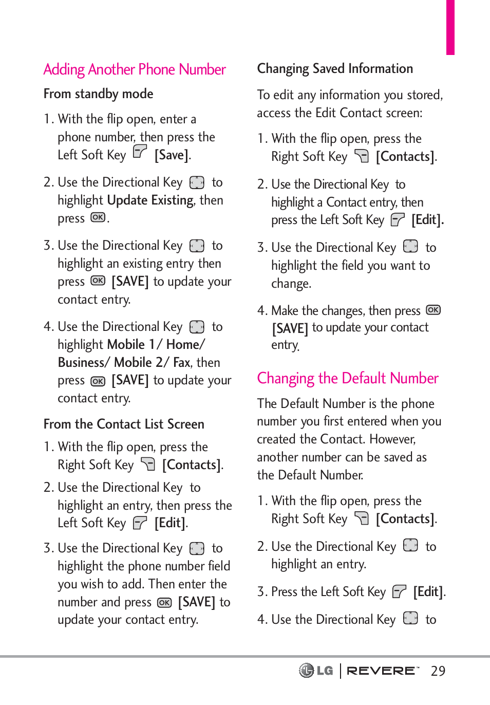 Adding another phone number, Changing the default number | LG LGVN150 User Manual | Page 31 / 275