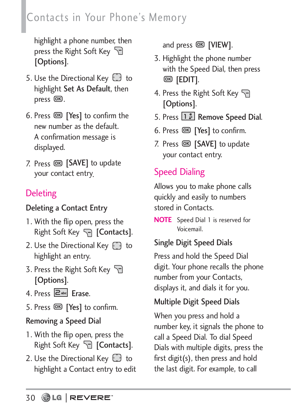 Deleting, Speed dialing | LG LGVN150 User Manual | Page 32 / 275