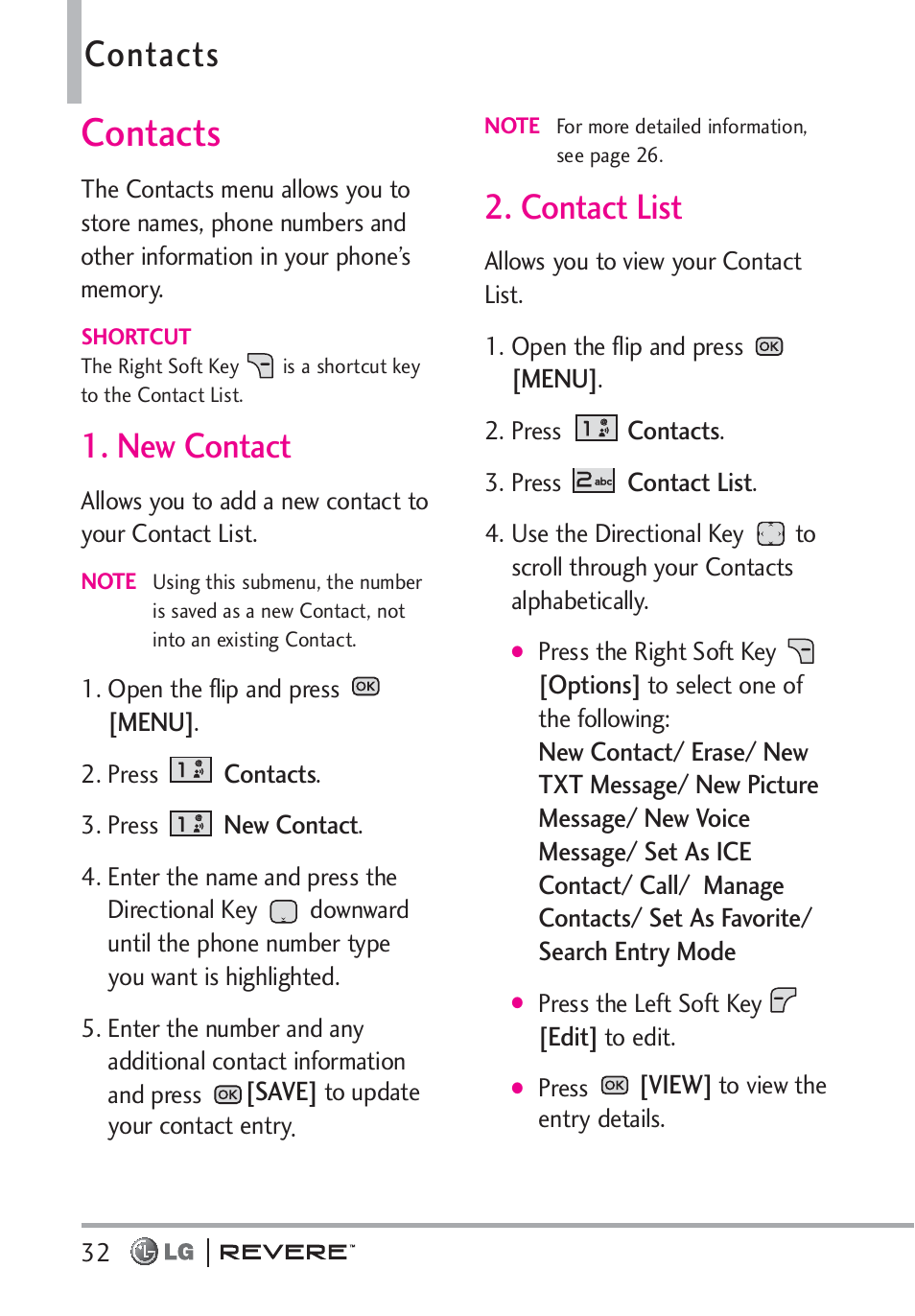 Contacts, New contact, Contact list | LG LGVN150 User Manual | Page 34 / 275