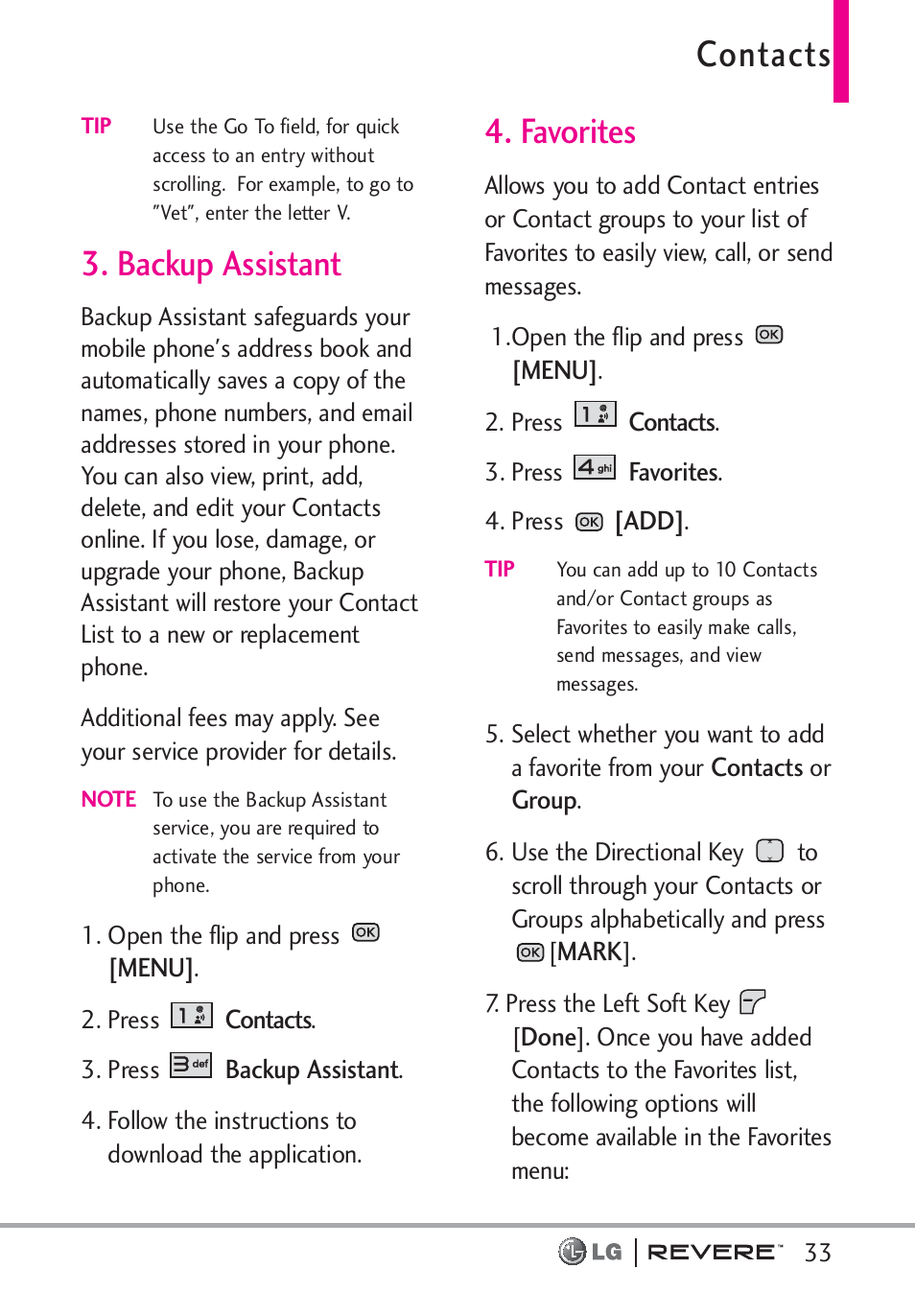 Contacts, Backup assistant, Favorites | LG LGVN150 User Manual | Page 35 / 275