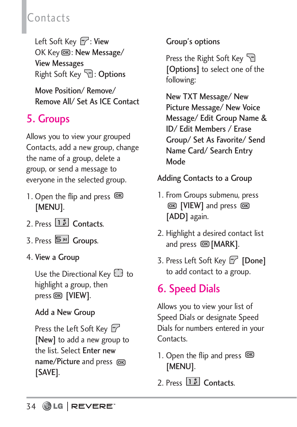 Contacts, Groups, Speed dials | LG LGVN150 User Manual | Page 36 / 275