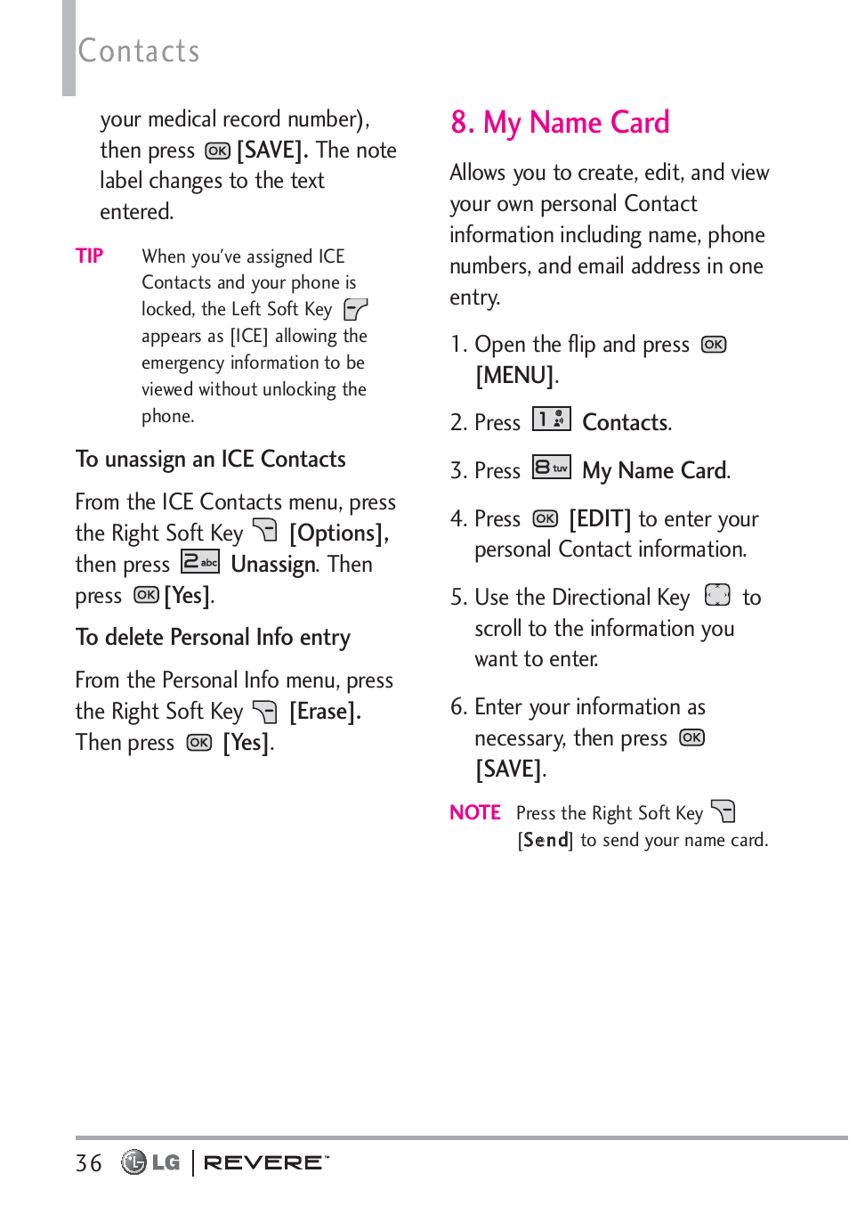 Contacts, My name card | LG LGVN150 User Manual | Page 38 / 275