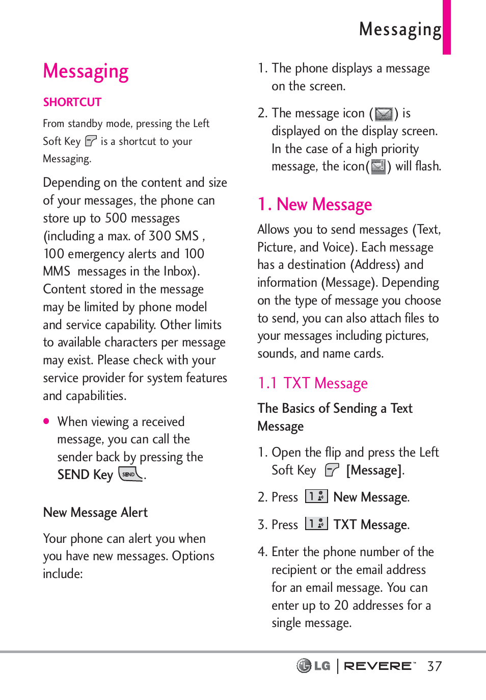 Messaging, New message, 1 txt message | LG LGVN150 User Manual | Page 39 / 275