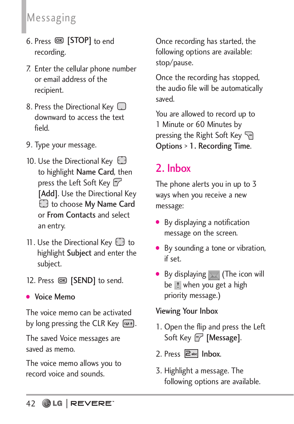 Messaging, Inbox | LG LGVN150 User Manual | Page 44 / 275