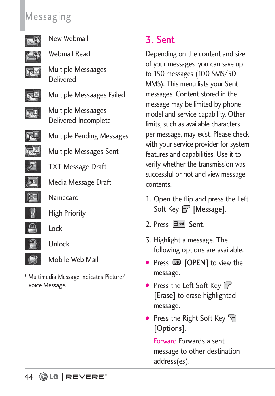 Messaging, Sent | LG LGVN150 User Manual | Page 46 / 275