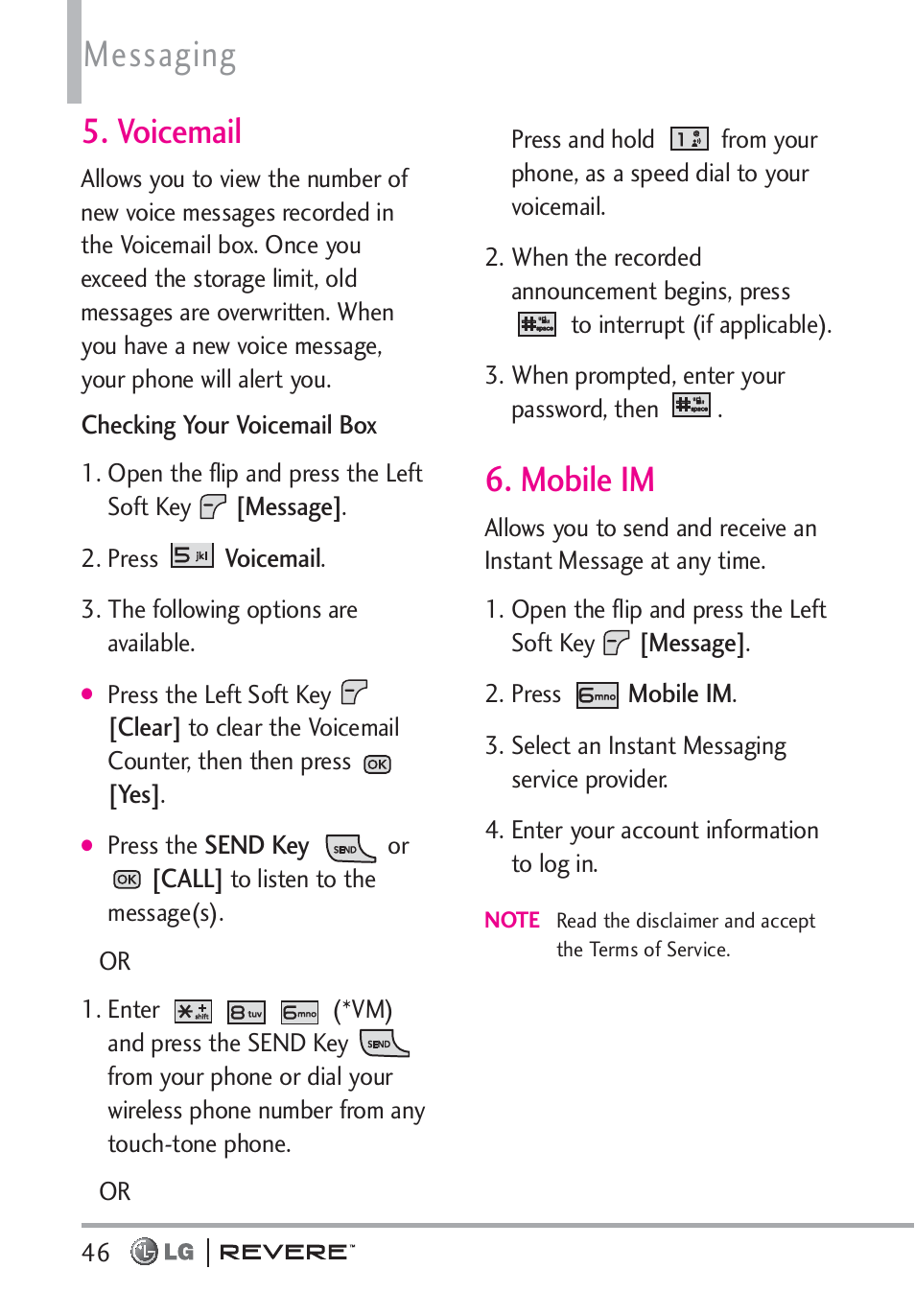 Messaging, Voicemail, Mobile im | LG LGVN150 User Manual | Page 48 / 275