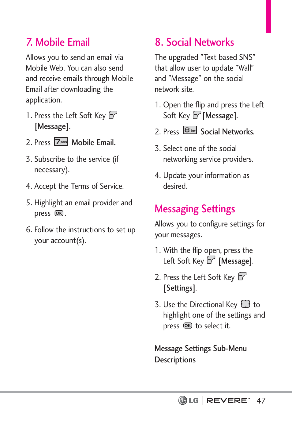 Mobile email, Social networks, Messaging settings | LG LGVN150 User Manual | Page 49 / 275