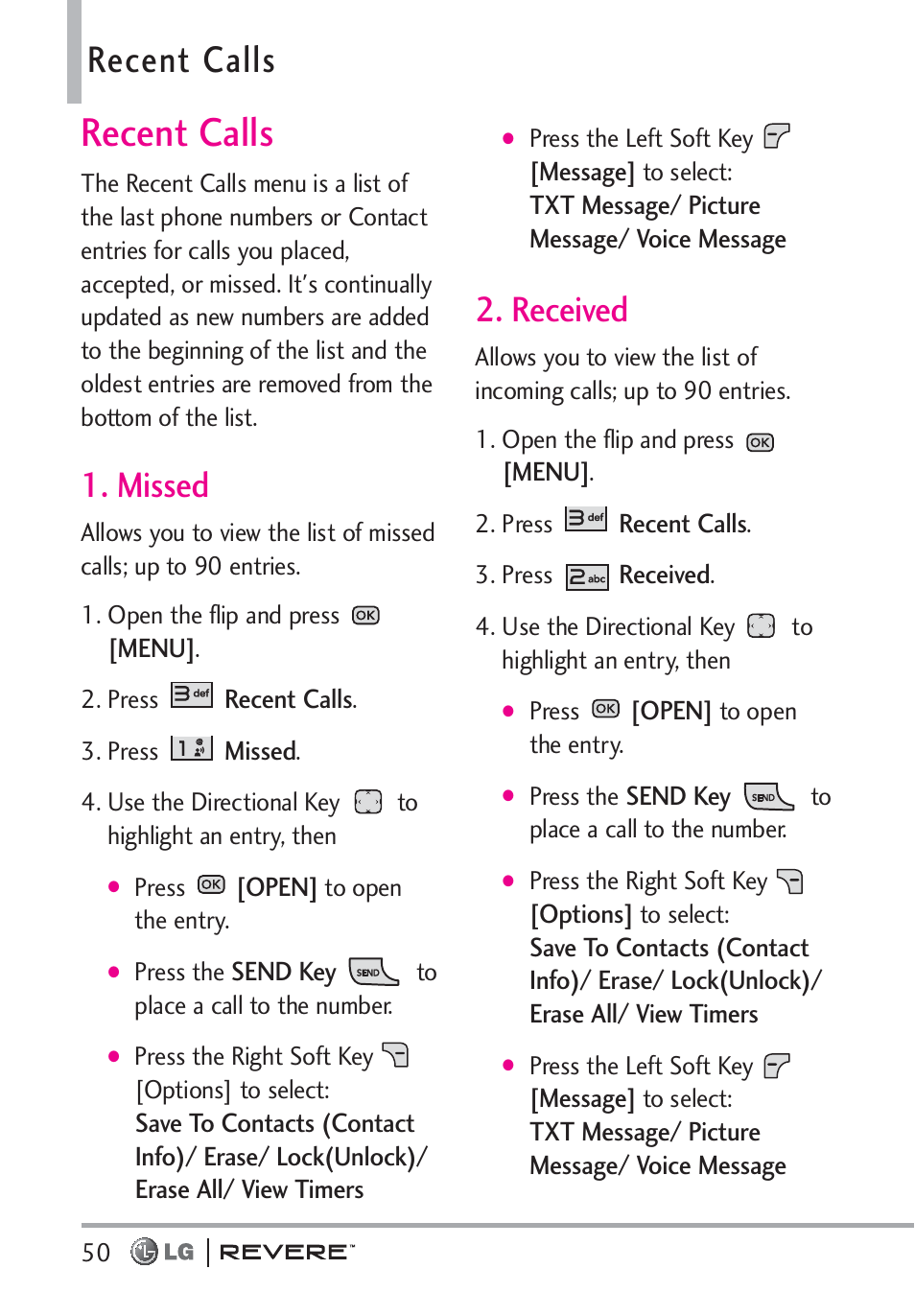 Recent calls, Missed, Received | LG LGVN150 User Manual | Page 52 / 275