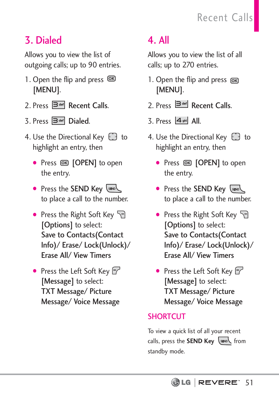 Recent calls, Dialed | LG LGVN150 User Manual | Page 53 / 275