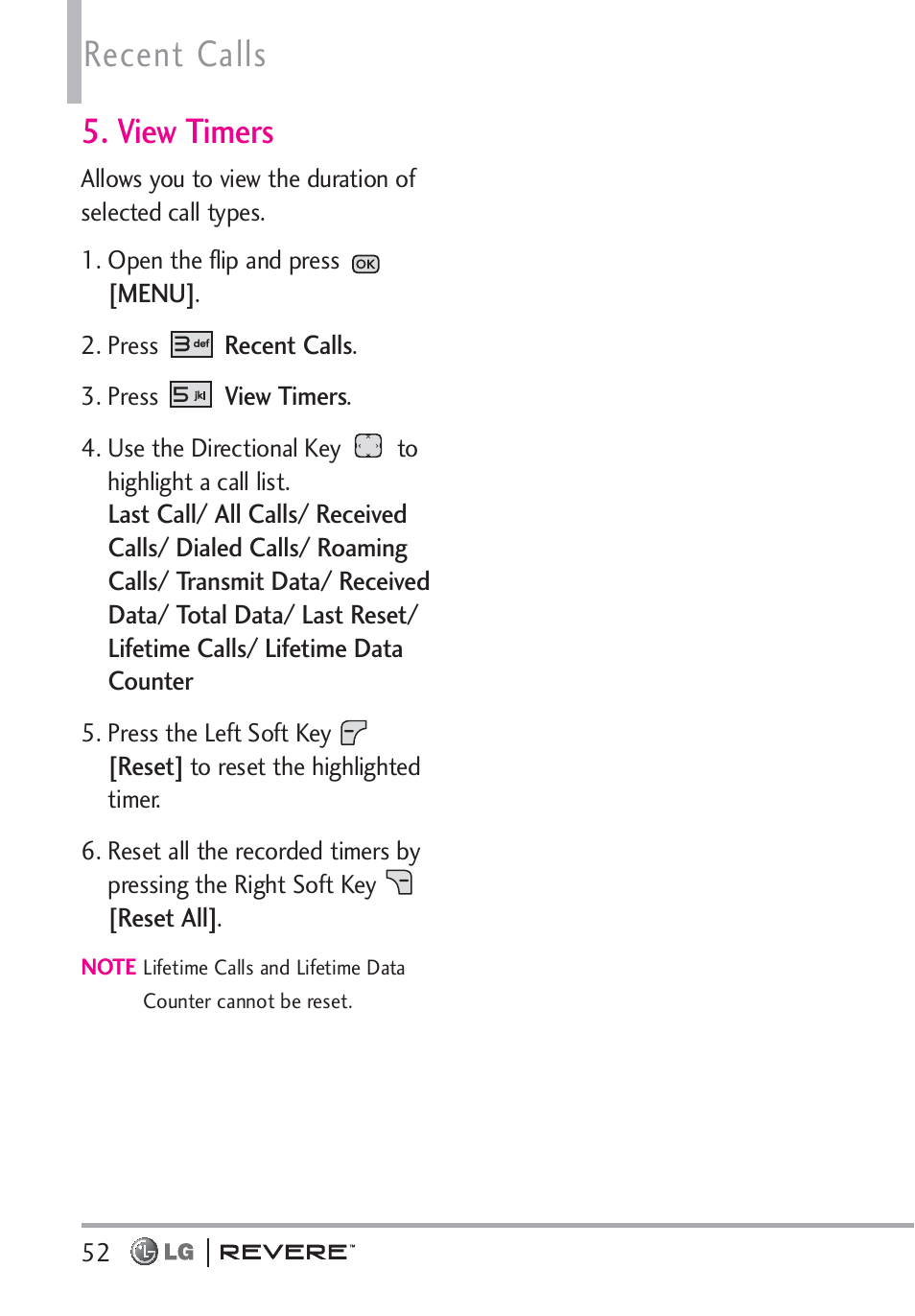 Recent calls, View timers | LG LGVN150 User Manual | Page 54 / 275