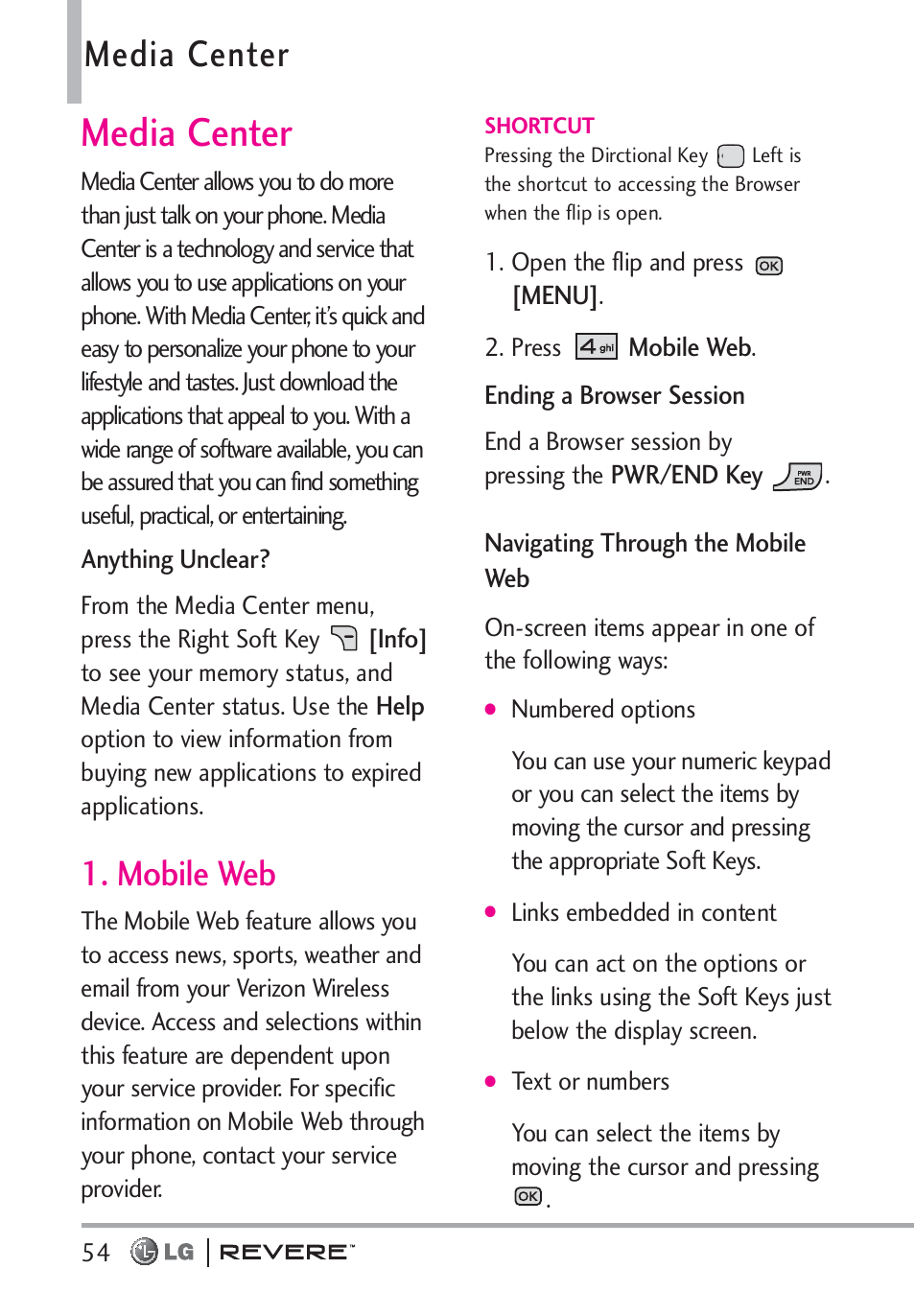 Media center, Mobile web | LG LGVN150 User Manual | Page 56 / 275