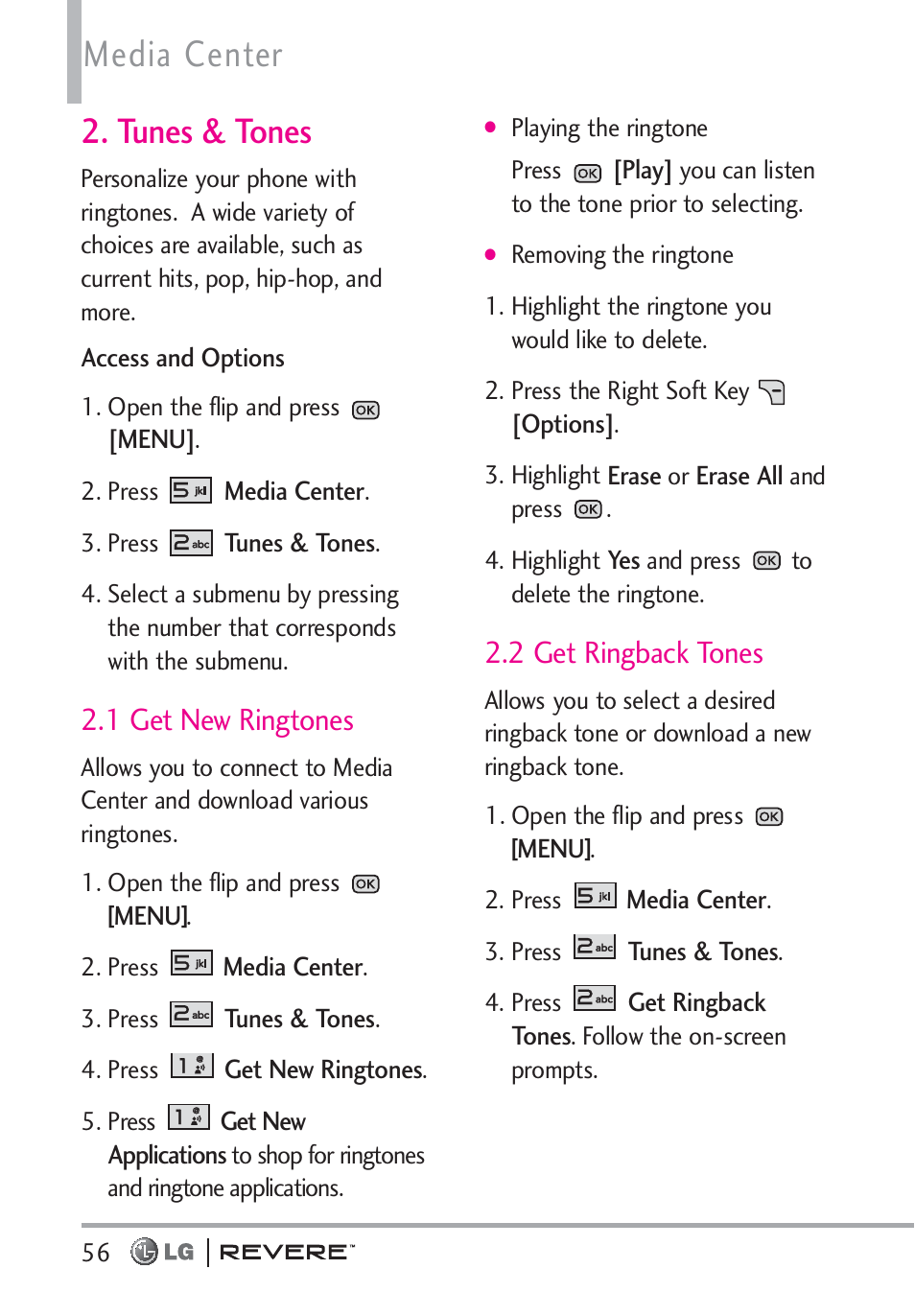 Media center, Tunes & tones, 1 get new ringtones | 2 get ringback tones | LG LGVN150 User Manual | Page 58 / 275