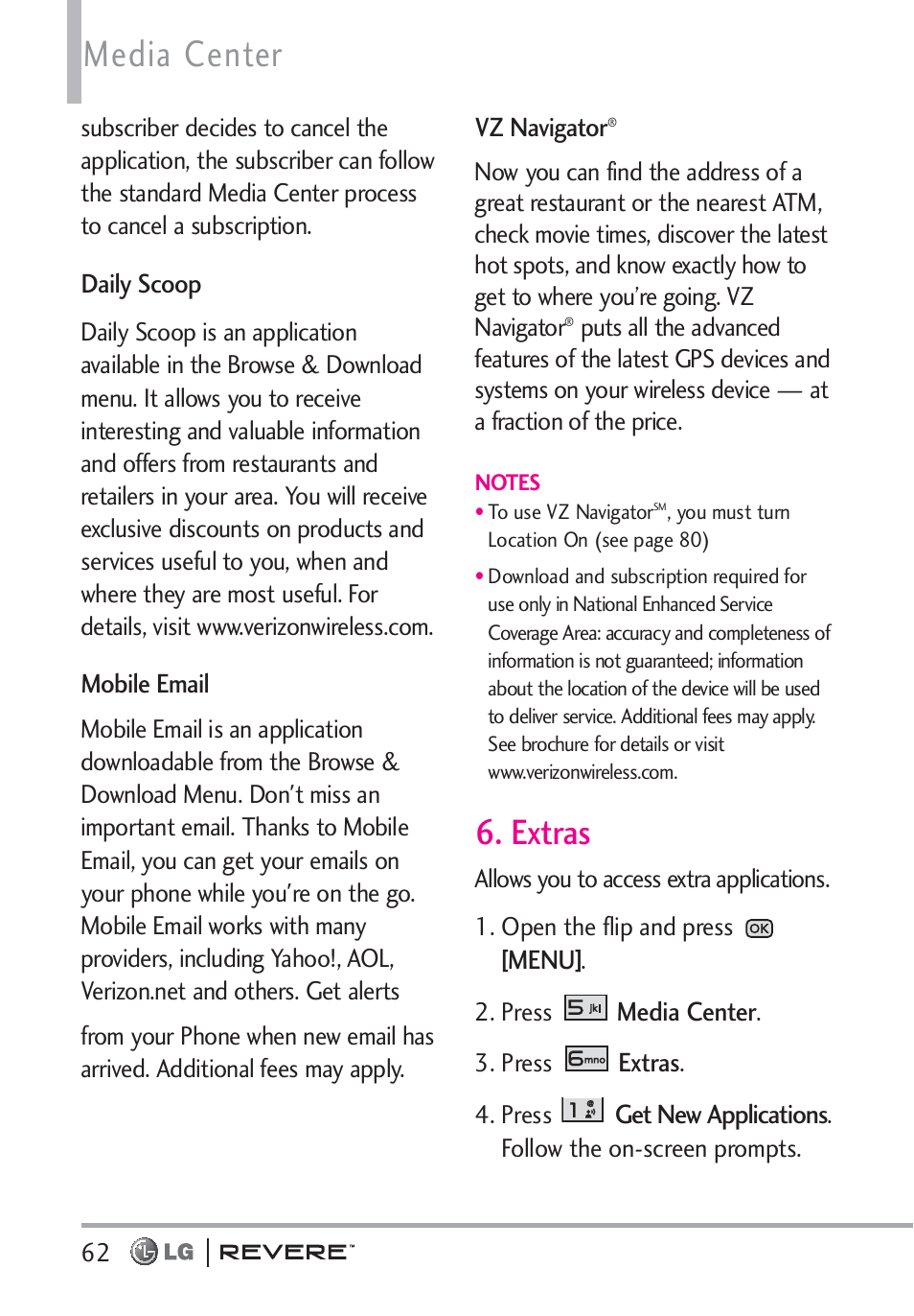 Media center, Extras | LG LGVN150 User Manual | Page 64 / 275