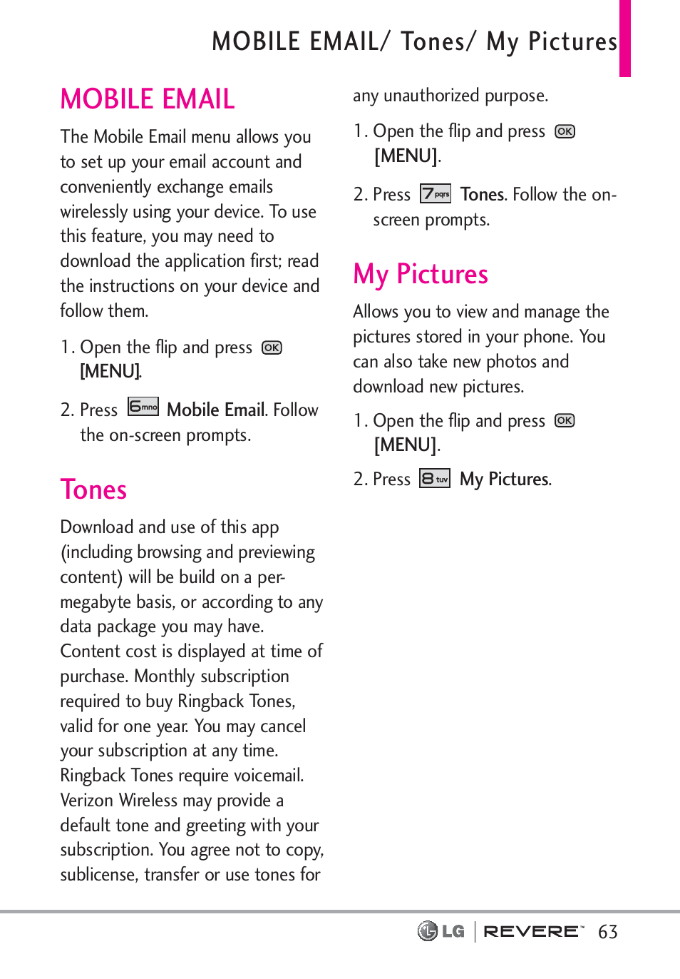 Mobile email, Tones, My pictures | Mobile email/ tones/ my pictures | LG LGVN150 User Manual | Page 65 / 275