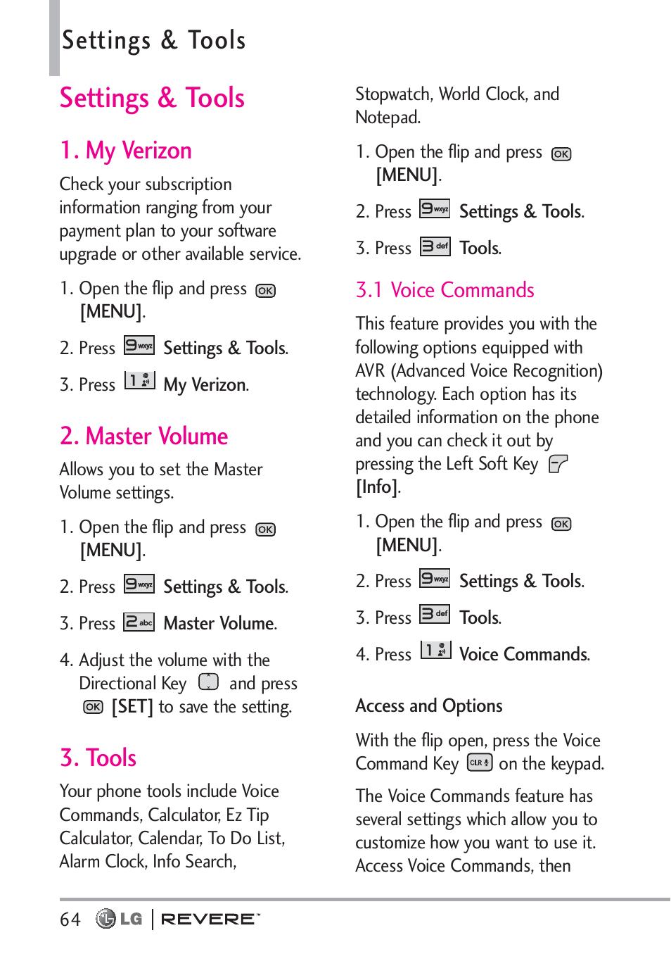 Settings & tools, My verizon, Master volume | Tools, 1 voice commands | LG LGVN150 User Manual | Page 66 / 275