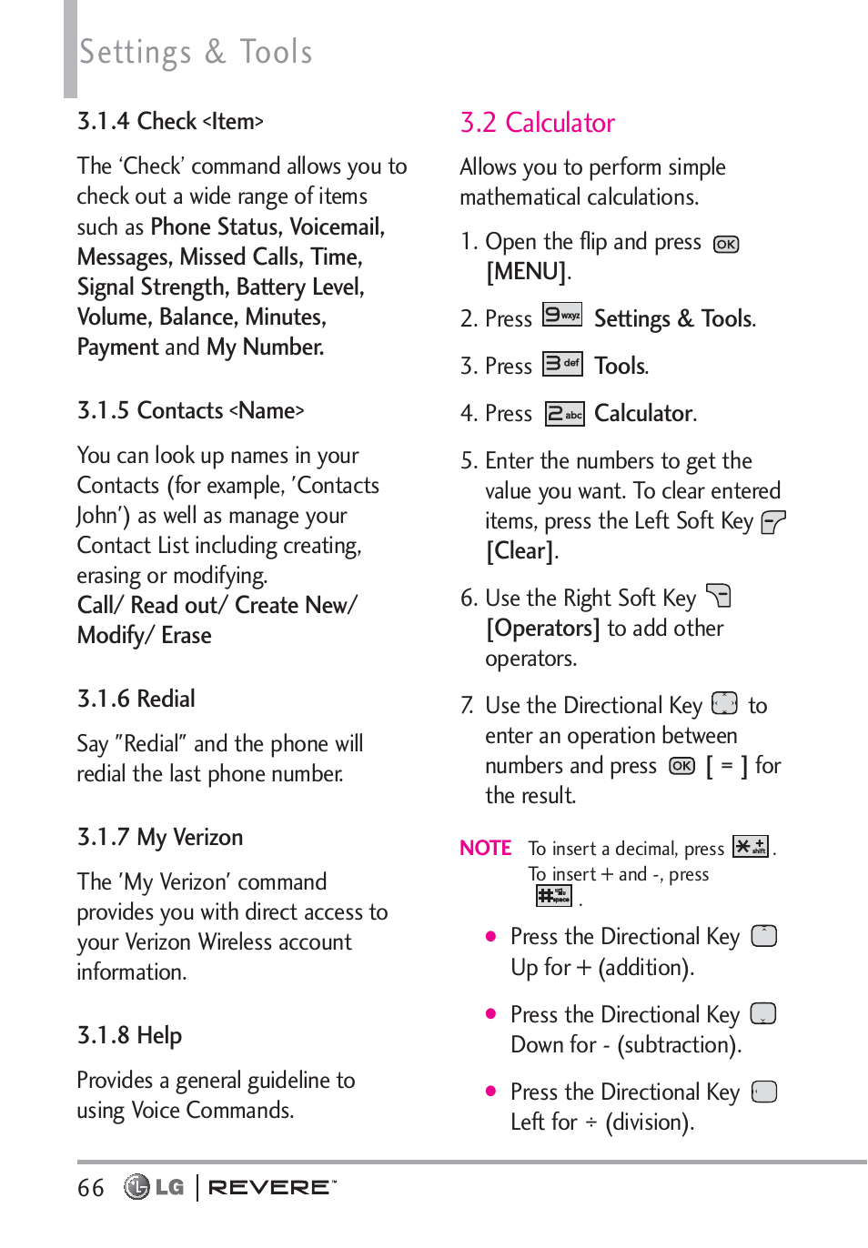 Settings & tools, 2 calculator | LG LGVN150 User Manual | Page 68 / 275