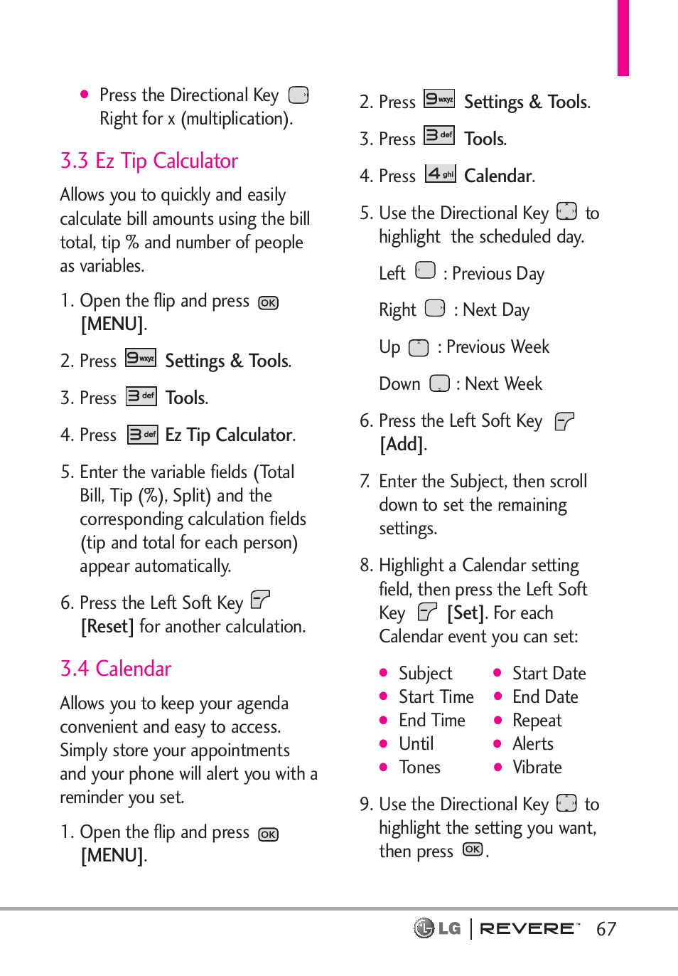 3 ez tip calculator, 4 calendar | LG LGVN150 User Manual | Page 69 / 275