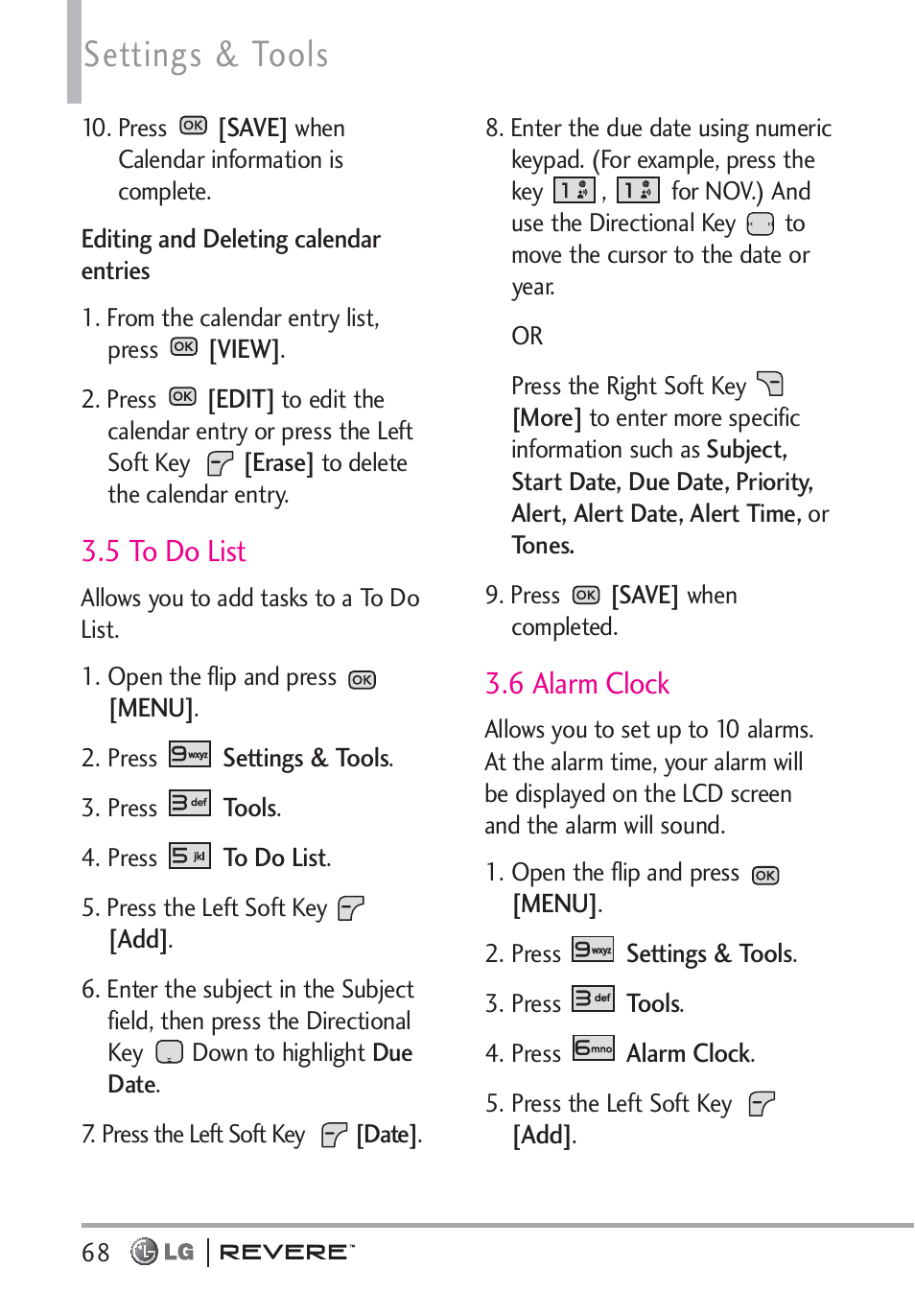 Settings & tools, 5 to do list, 6 alarm clock | LG LGVN150 User Manual | Page 70 / 275