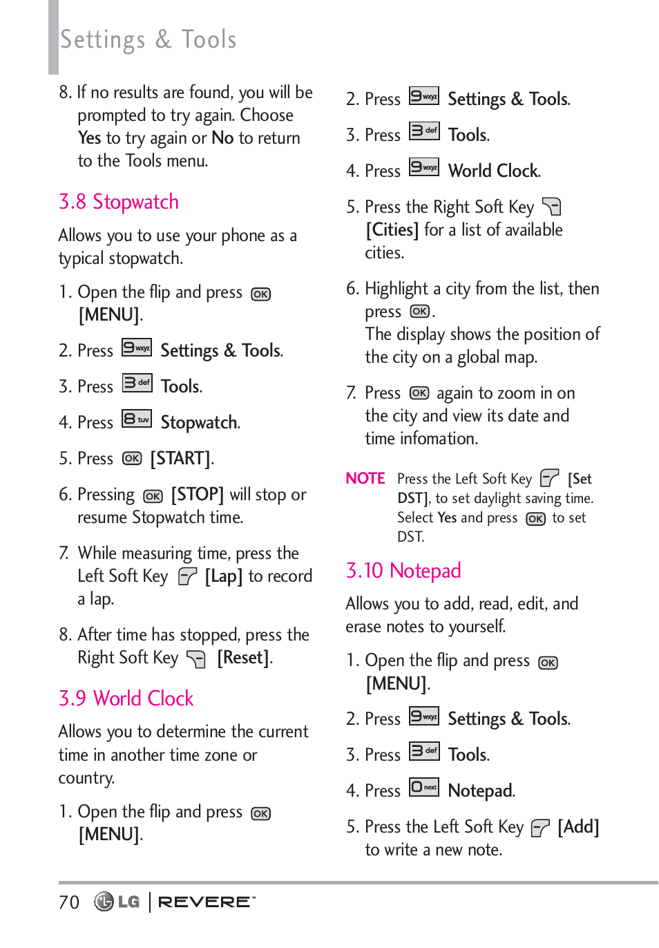 Settings & tools, 8 stopwatch, 9 world clock | LG LGVN150 User Manual | Page 72 / 275