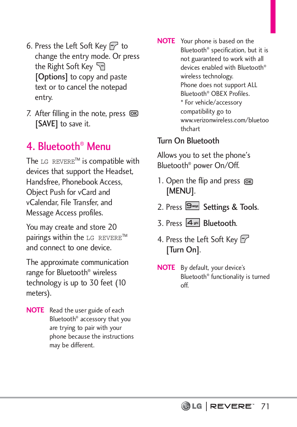 Bluetooth, Menu, Options | Save, Turn on bluetooth, Settings & tools, Turn on | LG LGVN150 User Manual | Page 73 / 275