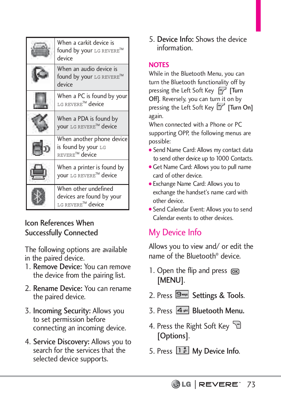 My device info, Icon references when successfully connected, Remove device | Rename device, Incoming security, Service discovery, Device info, Menu, Settings & tools, Bluetooth menu | LG LGVN150 User Manual | Page 75 / 275