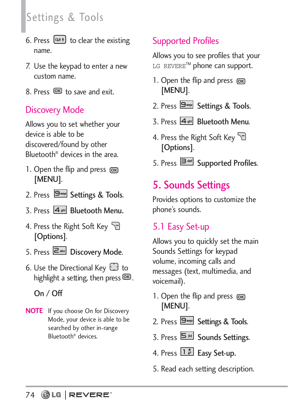 Settings & tools, Sounds settings, Discovery mode | Supported profiles, 1 easy set-up | LG LGVN150 User Manual | Page 76 / 275