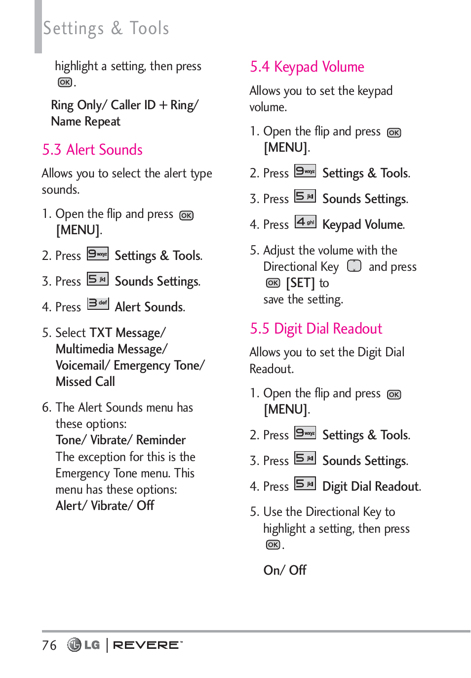 Settings & tools, 3 alert sounds, 4 keypad volume | 5 digit dial readout | LG LGVN150 User Manual | Page 78 / 275