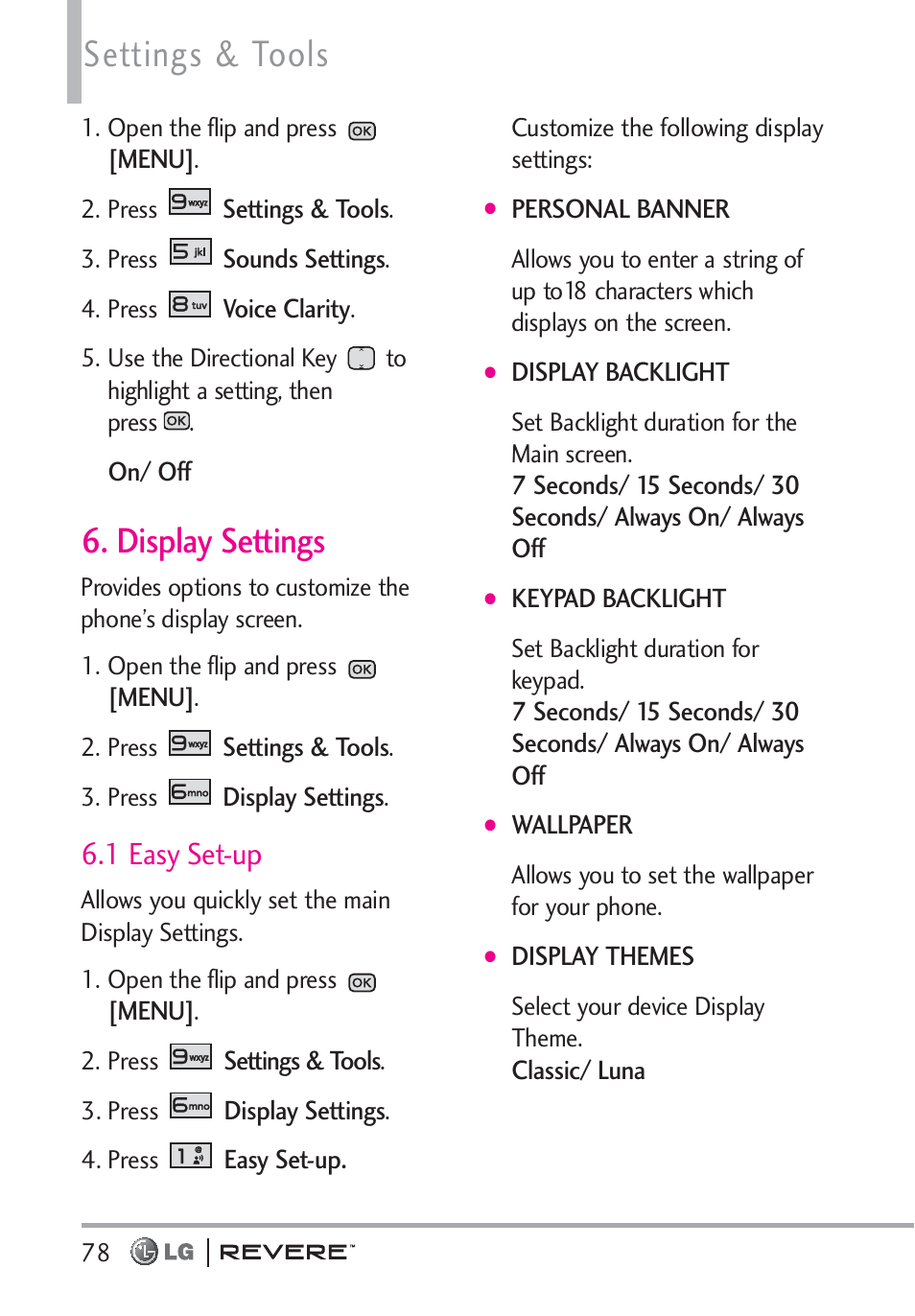 Settings & tools, Display settings, 1 easy set-up | LG LGVN150 User Manual | Page 80 / 275