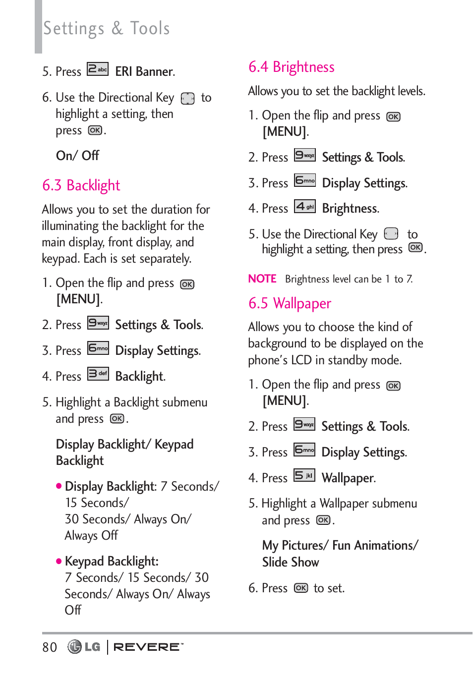 Settings & tools, 3 backlight, 4 brightness | 5 wallpaper | LG LGVN150 User Manual | Page 82 / 275