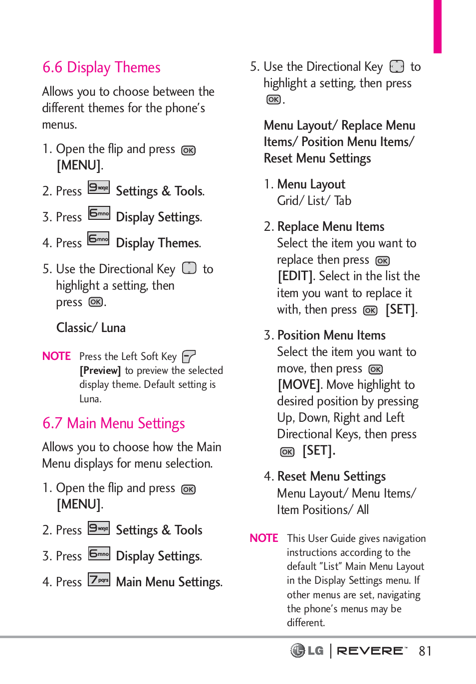 6 display themes, 7 main menu settings | LG LGVN150 User Manual | Page 83 / 275