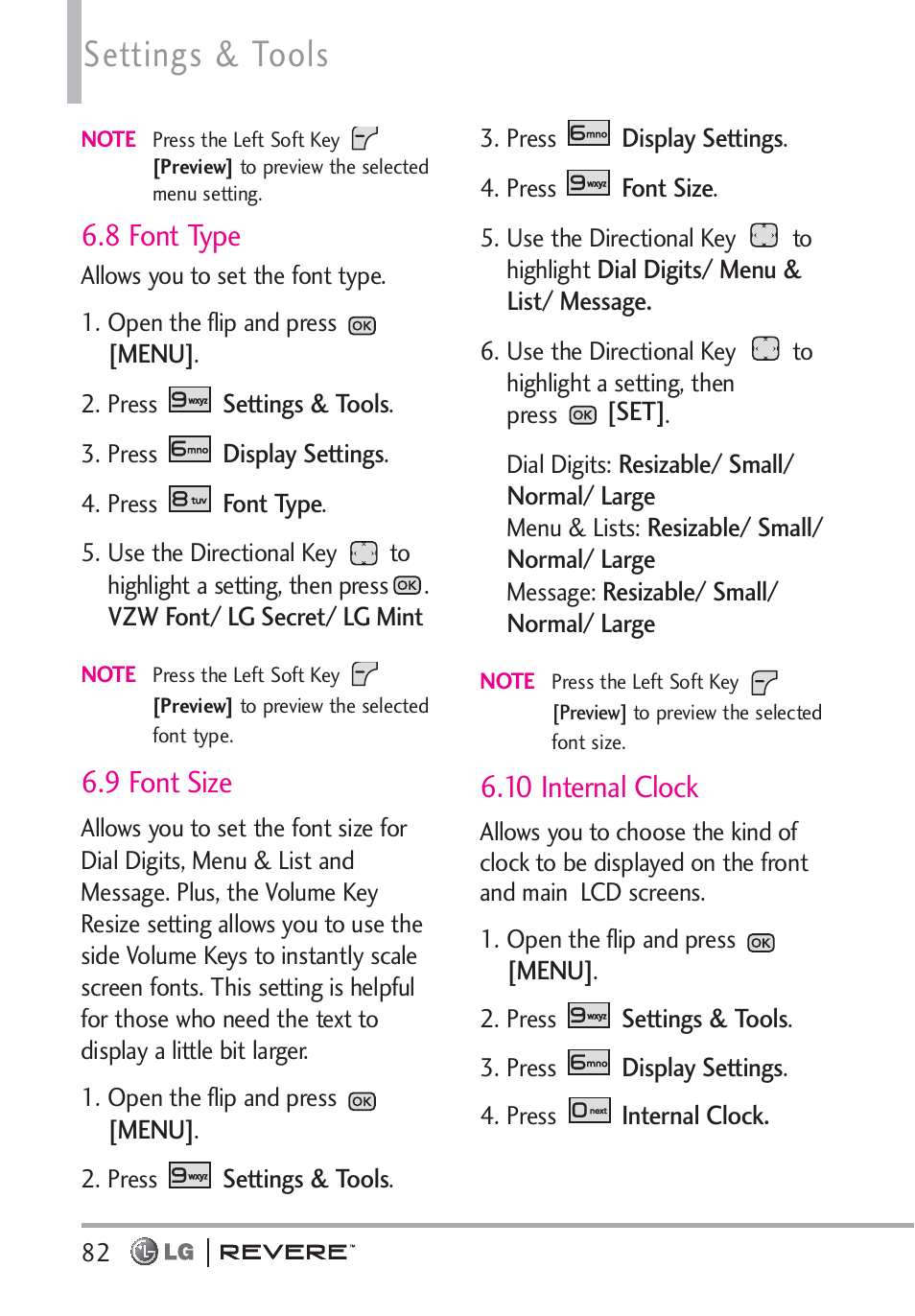 Settings & tools, 8 font type, 9 font size | 10 internal clock | LG LGVN150 User Manual | Page 84 / 275