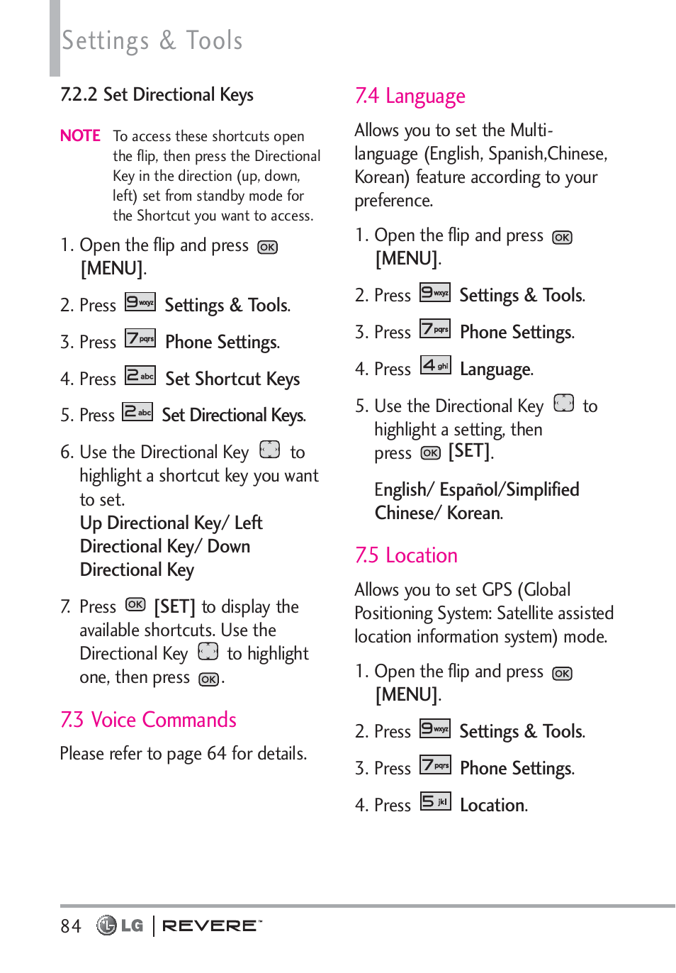 Settings & tools, 3 voice commands, 4 language | 5 location | LG LGVN150 User Manual | Page 86 / 275