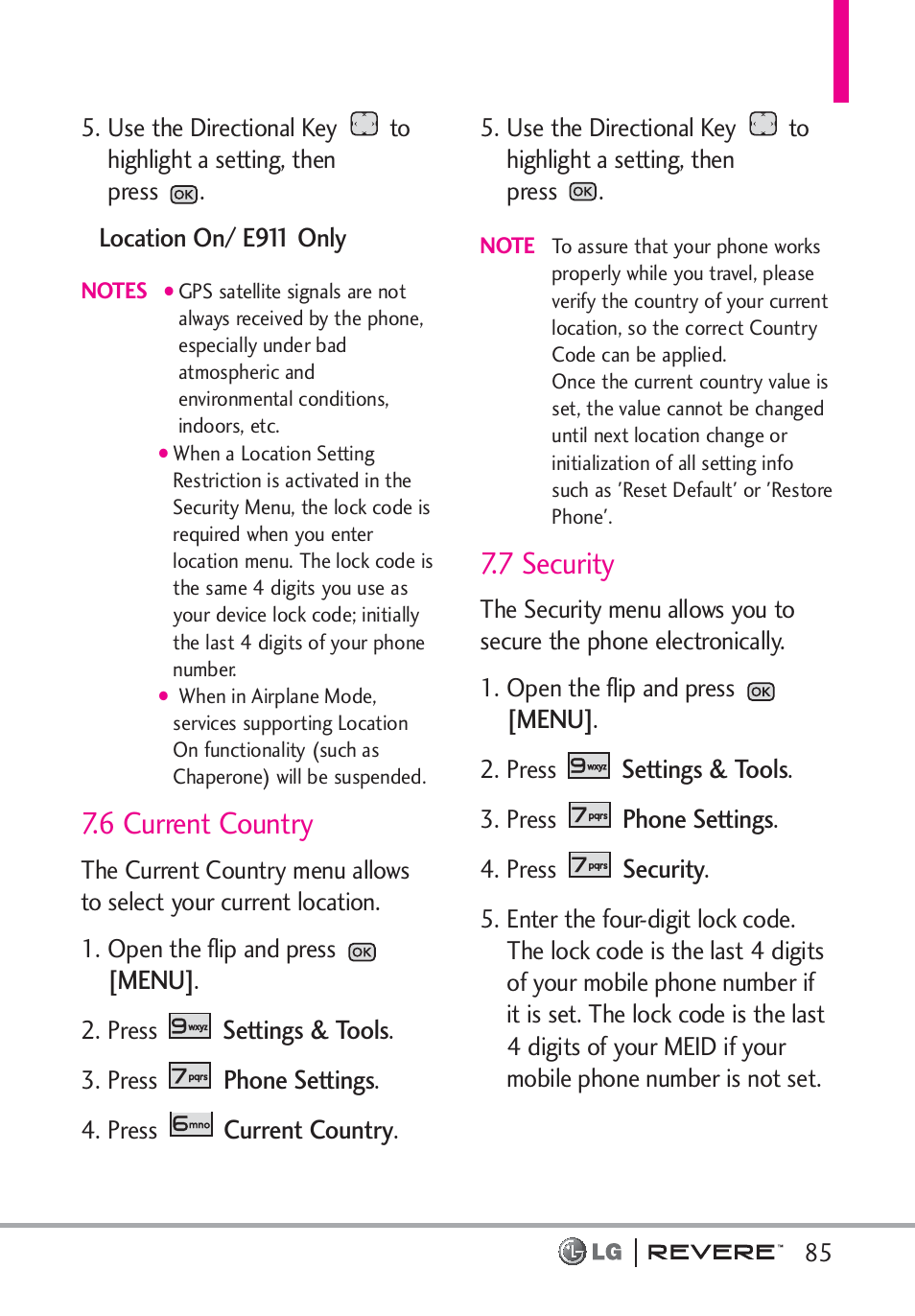 6 current country, 7 security | LG LGVN150 User Manual | Page 87 / 275