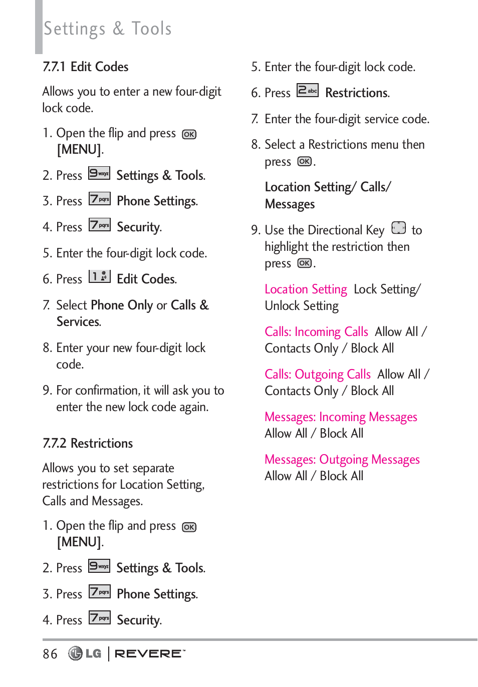 Settings & tools | LG LGVN150 User Manual | Page 88 / 275