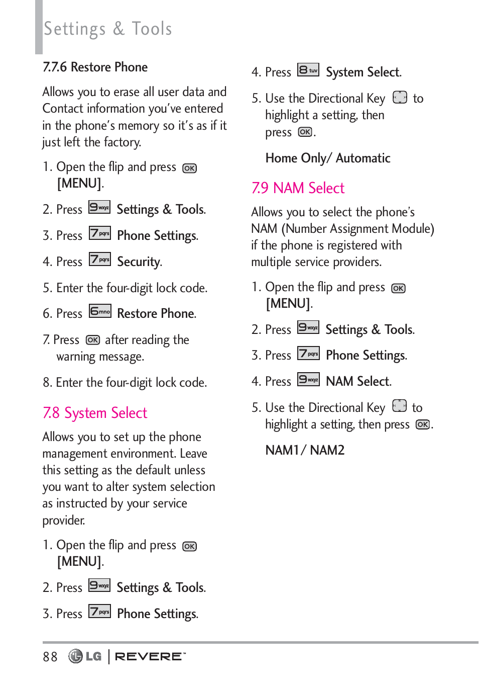 Settings & tools, 8 system select, 9 nam select | LG LGVN150 User Manual | Page 90 / 275