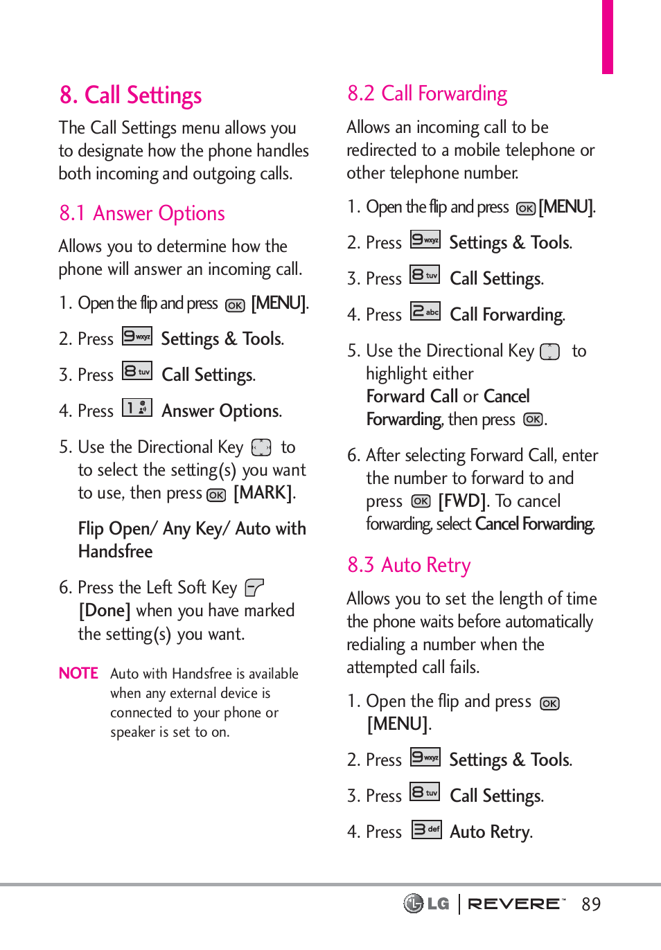 Call settings, 1 answer options, 2 call forwarding | 3 auto retry | LG LGVN150 User Manual | Page 91 / 275