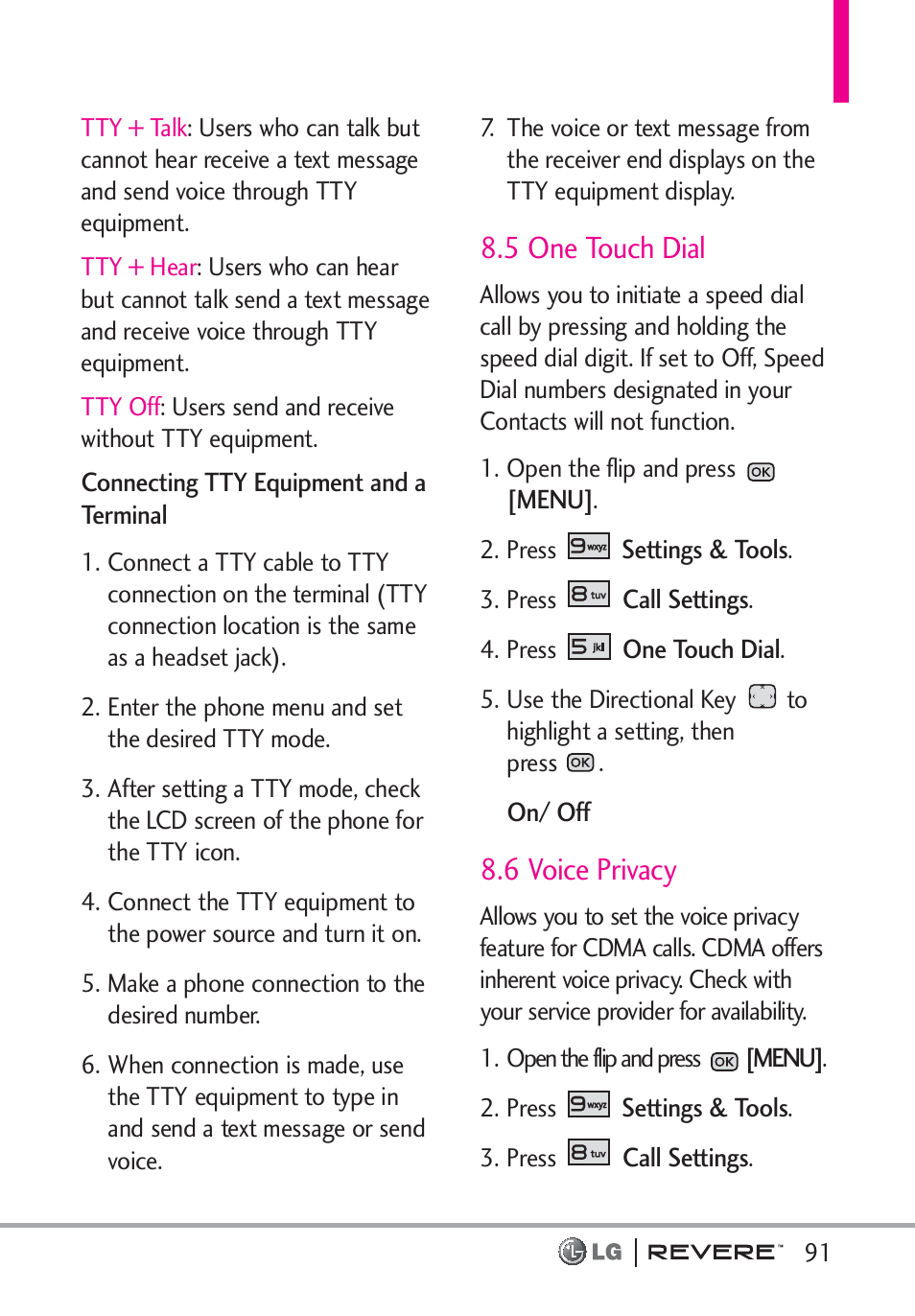 5 one touch dial, 6 voice privacy | LG LGVN150 User Manual | Page 93 / 275