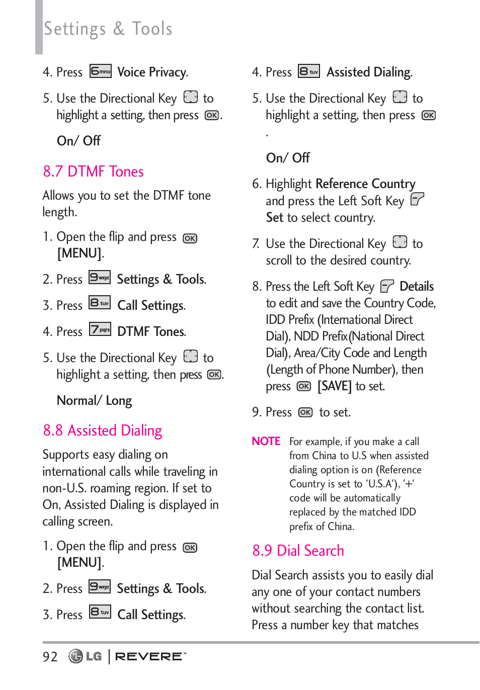 Settings & tools, 7 dtmf tones, 8 assisted dialing | 9 dial search | LG LGVN150 User Manual | Page 94 / 275