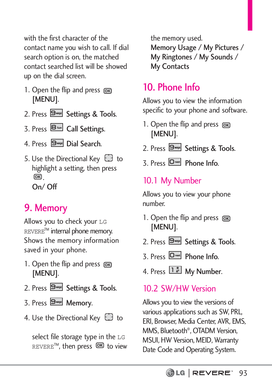 Phone info, 1 my number, 2 sw/hw version | LG LGVN150 User Manual | Page 95 / 275