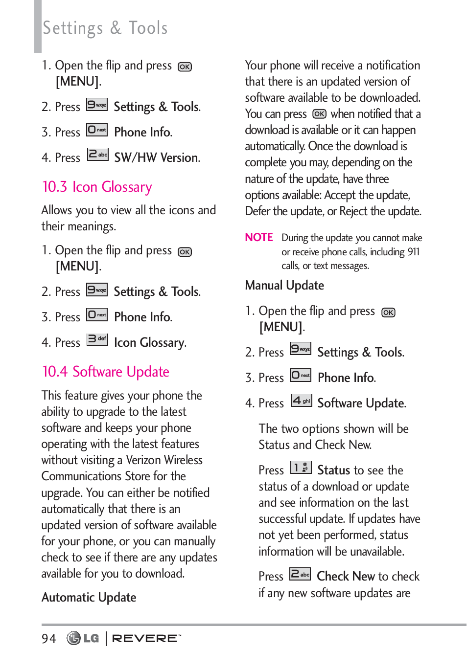 Settings & tools, 3 icon glossary, 4 software update | LG LGVN150 User Manual | Page 96 / 275