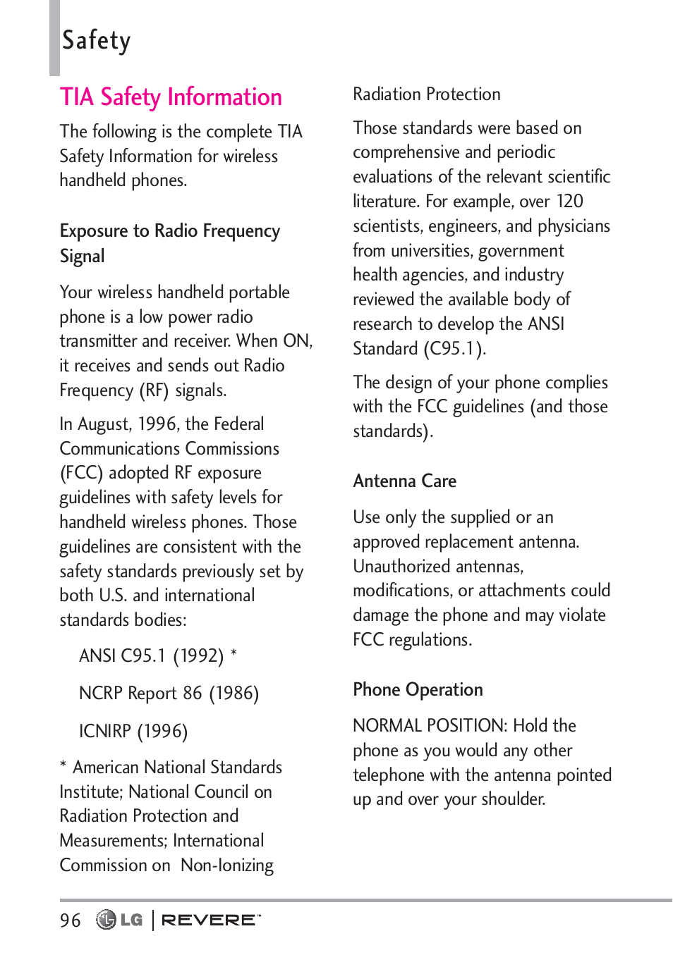 Safety, Tia safety information | LG LGVN150 User Manual | Page 98 / 275