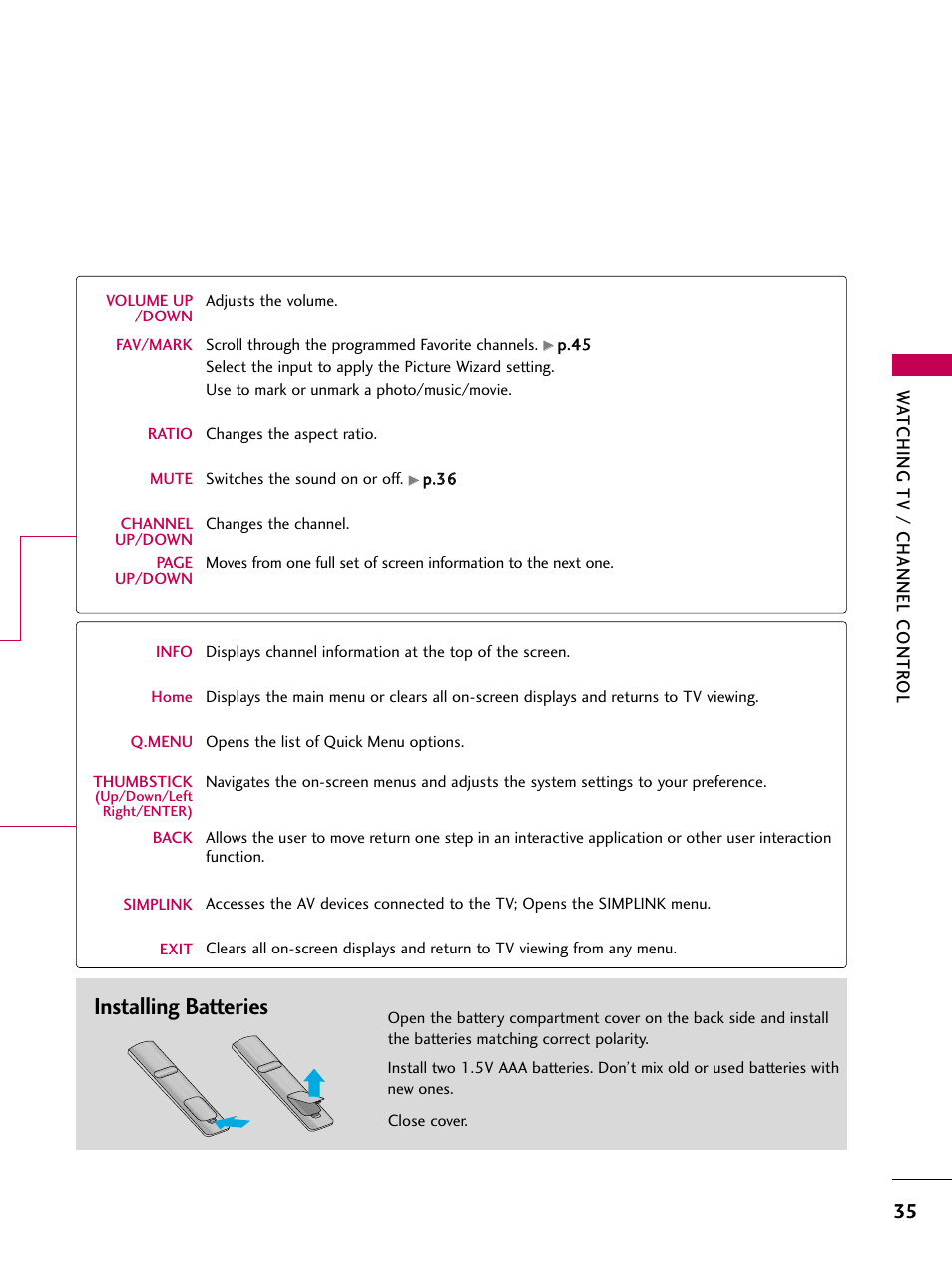 Installing batteries | LG 50PV450 User Manual | Page 35 / 124