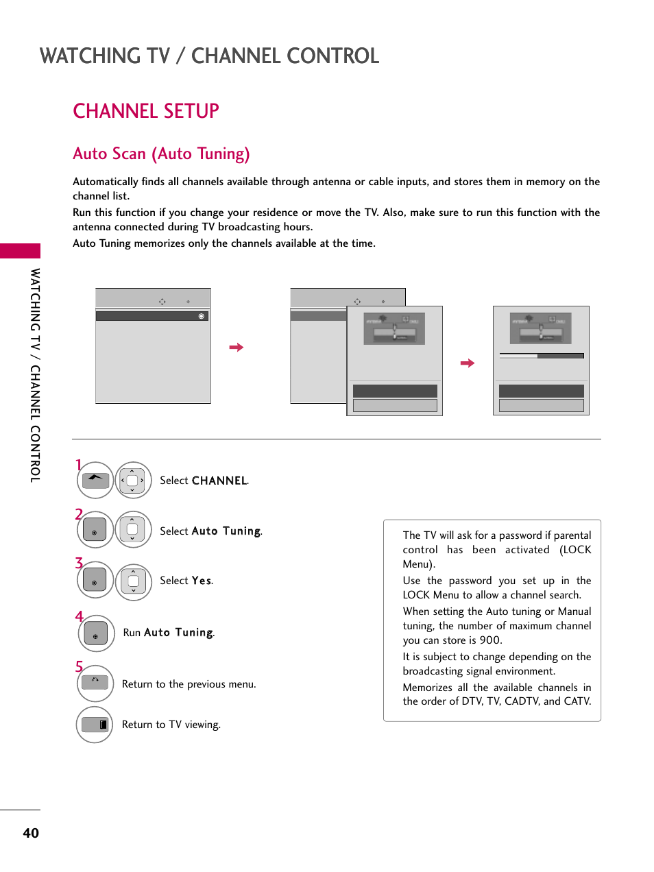 Channel setup, Auto scan (auto tuning), Watching tv / channel control | Wa tching tv / channel contr ol | LG 50PV450 User Manual | Page 40 / 124
